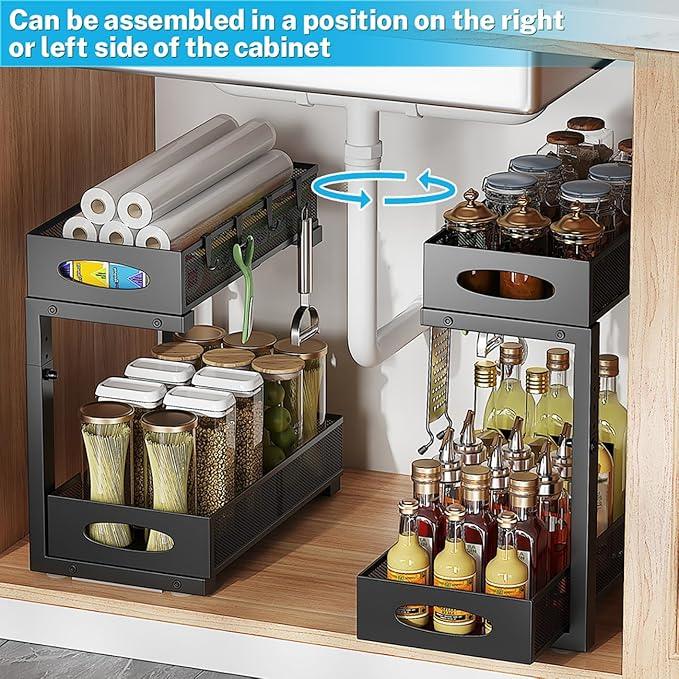 Under Sink Organizer, 2-Tier Pull Out Cabinet Organizer with Adjustable Height, Use in Kitchen Bathroom Cabinet and Countertop Storage, Black, 2-Pack - NeatNest