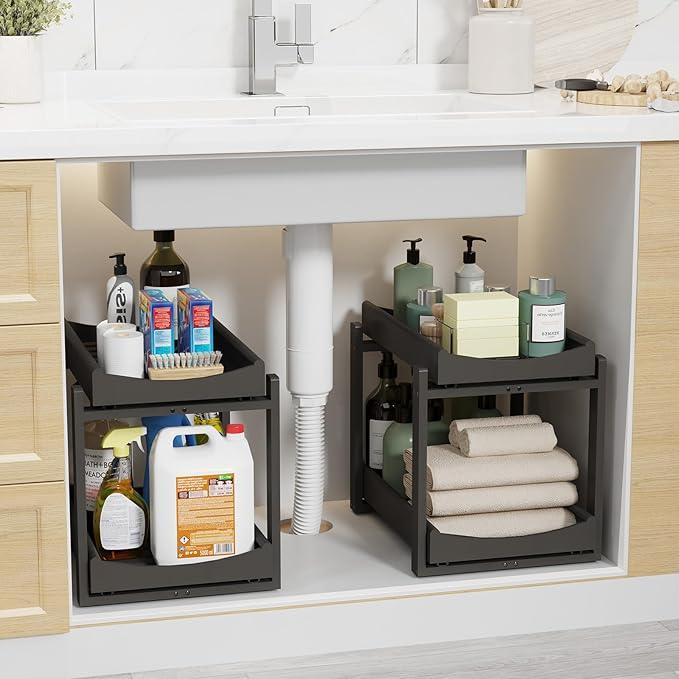 Bamboo Under Sink Organizer Adjustable Height 2 Tier Bathroom Organizer Pull Out Cabinet Storage Kitchen Heave Duty Wood Slide Ou Shelf for Kitchen Bathroom (Black, 2 Packs) - NeatNest