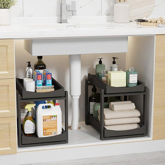 Bamboo Under Sink Organizer Adjustable Height 2 Tier Bathroom Organizer Pull Out Cabinet Storage Kitchen Heave Duty Wood Slide Ou Shelf for Kitchen Bathroom (Black, 2 Packs) - NeatNest