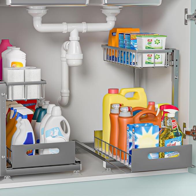 2 Pack Pro Under Sink Organizer Storage: Premium Metal 2-Tier Pull-Out Wire Basket Organizer, L Shape Height Adjustable, Easy Installation | Kitchen & Bathroom Cabinet Organizers - NeatNest