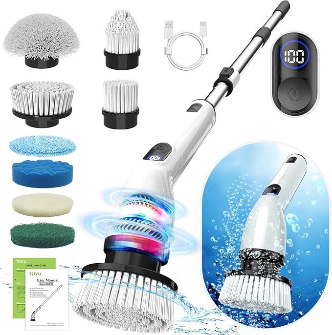 TUYU Electric Spin Scrubber, Full-Body IPX7 Waterproof Bathroom Scrubber with Power LCD Display, 8 Replacement Head, Adjustable Extension Handle, Cordless Shower Cleaner Brush for Bathtub Cleaning - NeatNest