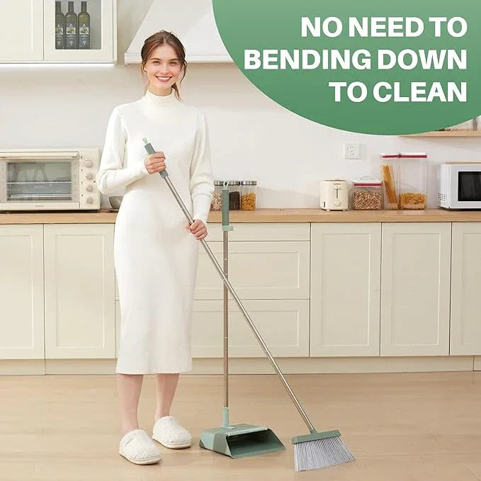 JOYMOOP Dark Teal Green Broom and Dustpan Set, Upright Angle with Built-in Comb Teeth, Ideal for Home, Office, Hardwood, Pet Hair - NeatNest