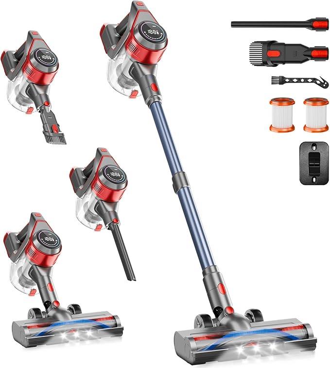 Cordless Stick Vacuum Cleaner - Rechargeable, 35Kpa Powerful Vacuums with Detachable Battery, LED Display, 45Mins Runtime, 8 in 1 Handheld Vacuum for Hardfloor & Carpets Pet Hair, Red - NeatNest