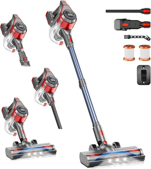 Cordless Stick Vacuum Cleaner - Rechargeable, 35Kpa Powerful Vacuums with Detachable Battery, LED Display, 45Mins Runtime, 8 in 1 Handheld Vacuum for Hardfloor & Carpets Pet Hair, Red - NeatNest