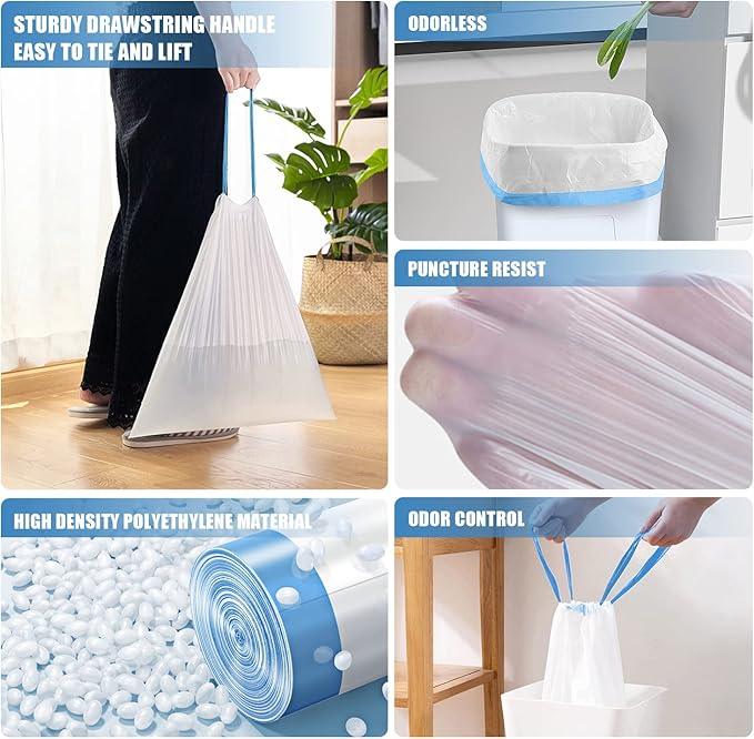 FORID Small Drawstring Trash Bags - 6 Gallon Plastic Trash Bags Heavy Duty White Trash Can Liners 60 Count Unscented Bin Bags for Kitchen Bathroom Office Home Bedroom 22 Liter - NeatNest
