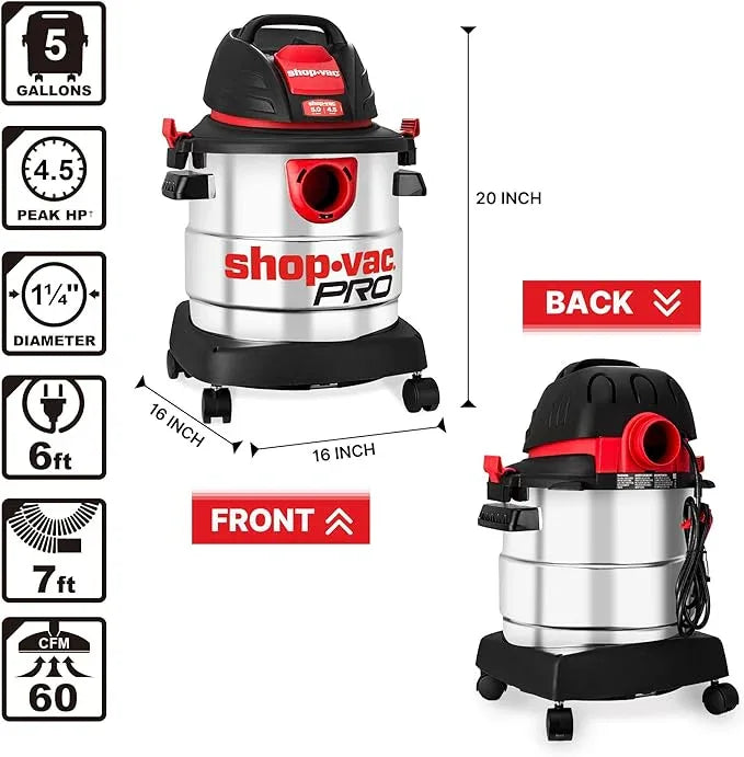 Shop-Vac 5 Gallon 4.5 Peak HP Wet/Dry Vacuum, Stainless Steel Tank, Portable Shop Vacuum with Filter, Hose and Accessories for Garage, Workshop. 5920588 - NeatNest
