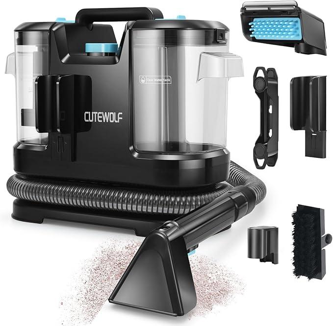 Cutewolf Portable Carpet and Upholstery Cleaner, Powerful Suction Carpet Cleaner with Dual Brush Heads, Deep Stain, Spot & Odor Remover for Carpets, Area Rugs, Couches, Auto Interior (Black) - NeatNest