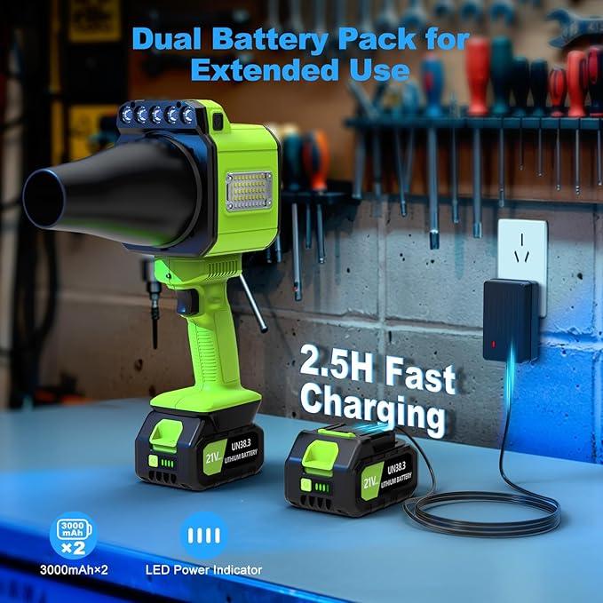 DEGGE Brushless Leaf Blower Cordless, Handheld Leaf Blowers with LED Work Light, Two Interchangeable Nozzles, Turbo Jet Blower for Lawn Care, Patio Cleaning, Garage Dust & Outdoor Use - NeatNest