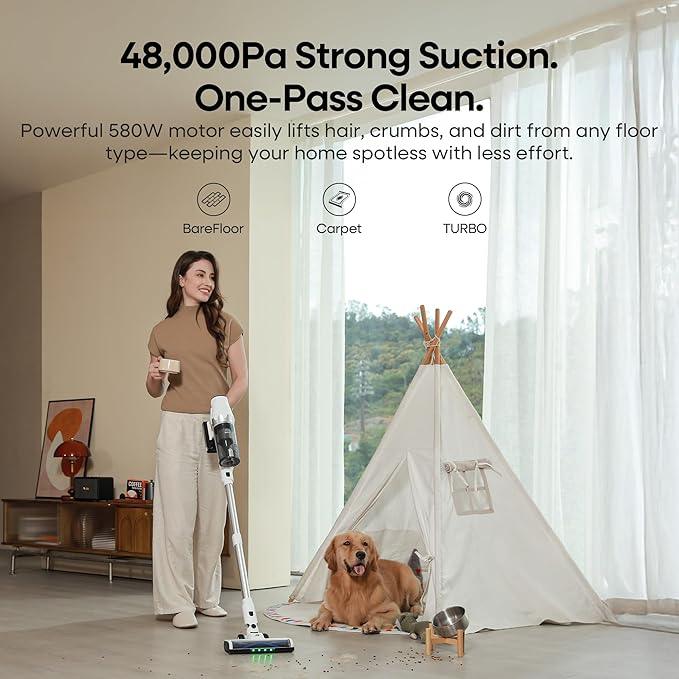 ElecKeys Cordless Vacuum Cleaner, 580W 48KPA 65Mins Vacuum Cleaners for Home, Self-Standing Anti-Tangle Vacuum with LED Display, Rechargeable, Lightweight, Cordless Vacuum for Floors/Pet Hair/Carpets - NeatNest