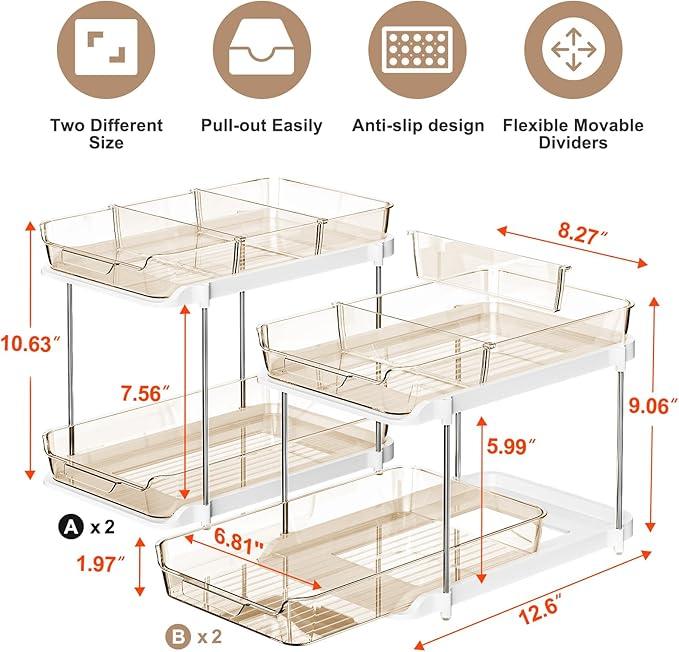 Delamu 2-Tier Multi-Purpose Bathroom Under Sink Organizers and Storage, Stackable Kitchen Pantry Organization, Pull Out Medicine Cabinet Organizer with Movable Dividers, Amber, 4 Pack - NeatNest