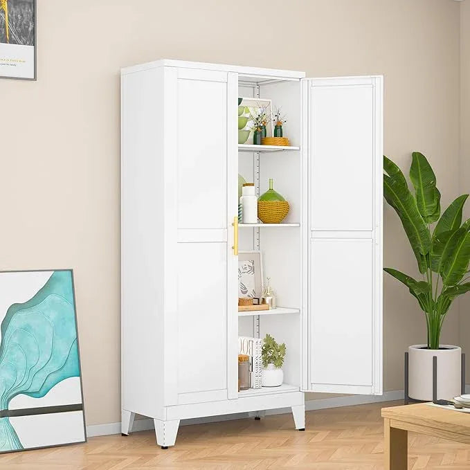 White Metal Storage Cabinet, 48" Steel Cabinets for Home Office, Kitchen Pantry Storage Cabinet with Doors and 3 Adjustable Shelves, for Office, Home, Garage, School - NeatNest
