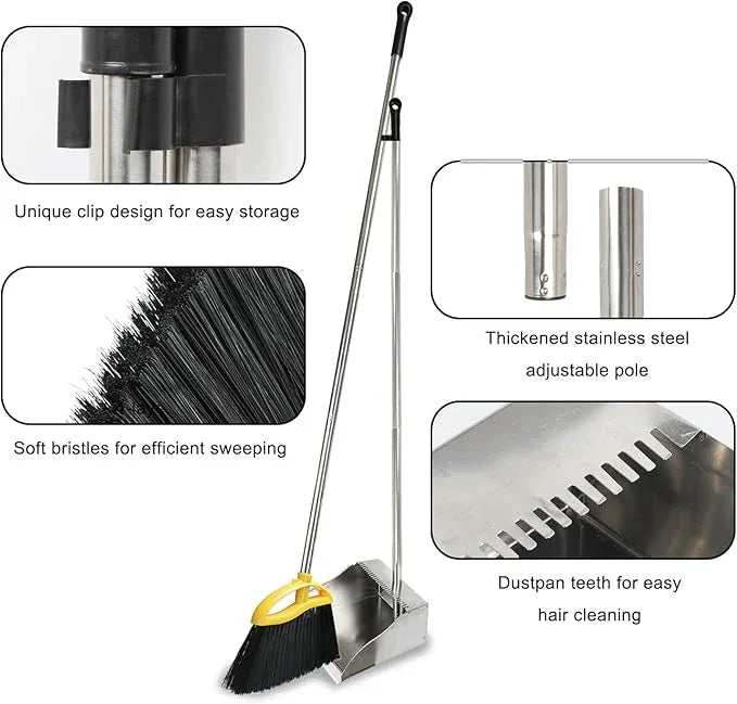 Broom and Stainless Steel Dustpan Set for Home,Metal Dust Pan and Soft Bristles Indoor Kitchen Broom for Office,Lobby - NeatNest
