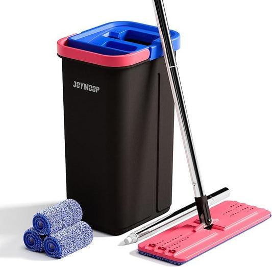 JOYMOOP Microfiber Flat Mop and Bucket System, Mops for Floor Cleaning and Wall Cleaner, Hardwood, Tile, Laminate, Vinyl Floors, Smooth Walls, and Glass Windows - 60" Flat Mop+3 Microfiber Pads[Black] - NeatNest