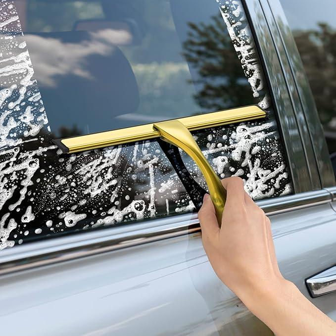 All-Purpose Stainless Steel Shower Squeegee for Shower Doors with 2 Adhesive Hooks, Bathroom Cleaner Tool Household Window Mirror Squeegee for Home Cleaning, Glass Door, Tile Wall, Car, 12 Inch Golden - NeatNest