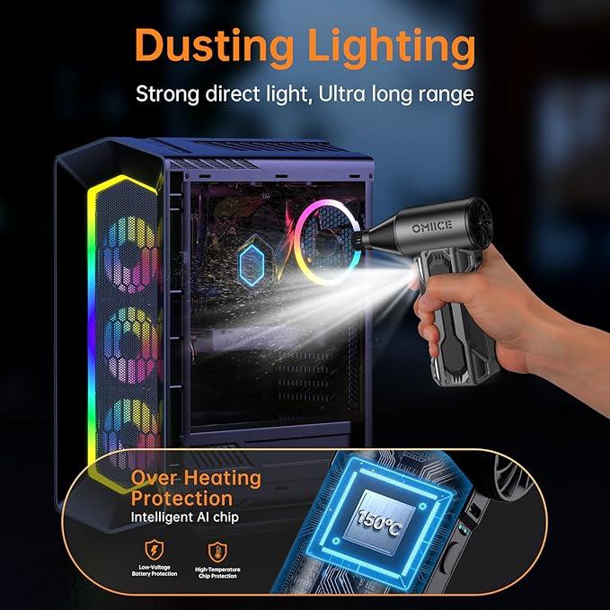 Compressed Air Duster, 150000RPM Electric Air Duster with 3 Gear Speed Adjustable, Rechargeable Cordless Dust Cleaner with Brush/Lighting for Keyboard, PC, Car, Outdoor, Air Bed - NeatNest