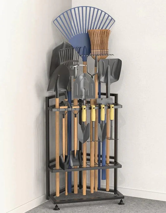 Garden Tool Organizer for Corner,Metal Yard Tool Organizer for Long-Handled Tools/Rakes/Brooms,Side Garden Pocket,Heavy Duty Steel Yard Tool Storage Rack for Garage,Shed, Outdoor - NeatNest