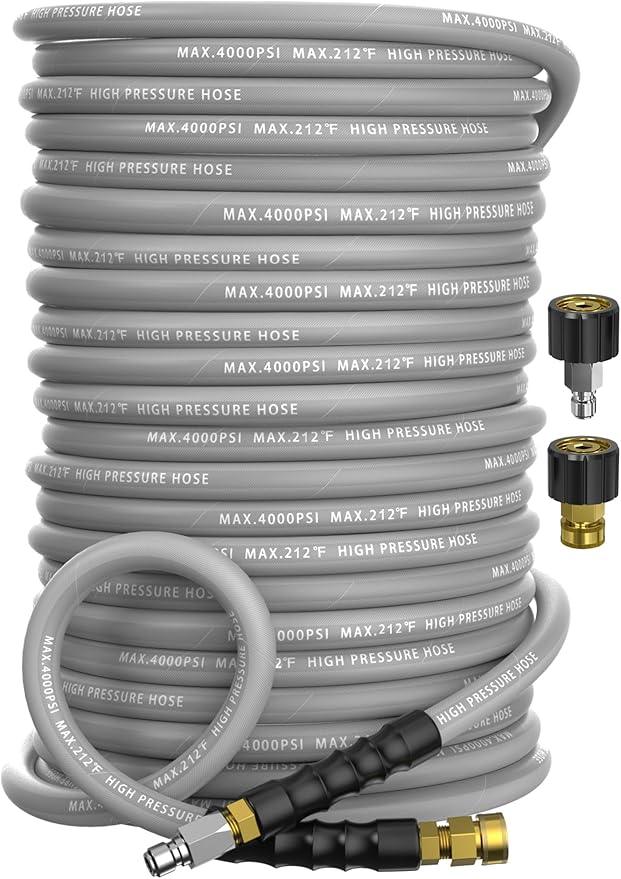 Pressure Washer Hose 200FT 4000 PSI, Kink Resistant Steel Braided Layer & NonMarking Rubber for Hot/Cold Water, High Power Washer Hose With 3/8 Inch Quick Connect & M22 Fitting, Gray - NeatNest