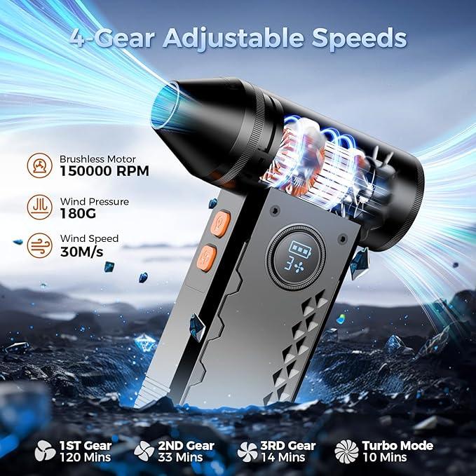 Compressed Air Duster, 150000RPM Electric Air Duster with LED Display & Light, 4 Gear Adjustable Cordless Air Blower, Rechargeable Brushless Motor Turbo Fan for Keyboard, Electronic Devices, Home, Car - NeatNest