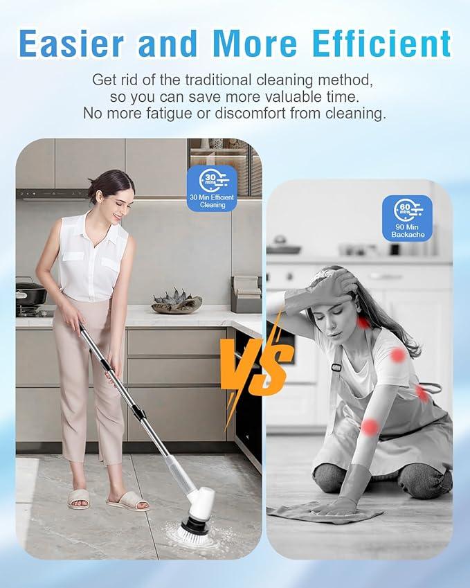 Electric Spin Scrubber Bathroom Scrubber - Cordless Shower Scrubber with Adjustable Handle, 2 Speeds, Bathroom Scrubber with 8 Replaceable Brush Heads, Power Scrubber for Bathroom Bathtub Cleaning - NeatNest