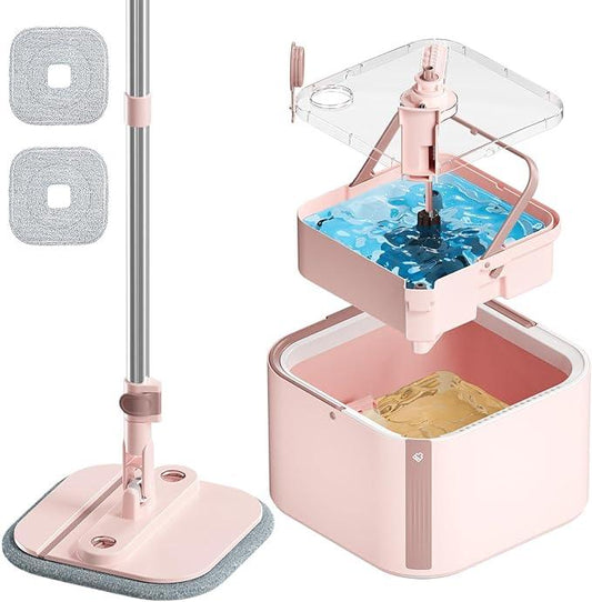 Upgraded Spin Mop and Bucket System Set, Self Separate Clean and Dirty Water, Foldable Square Standing Mop Head with Microfiber Mop Pads, Detachable Bucket (Pink, Mop Set with 2PC Pads) - NeatNest