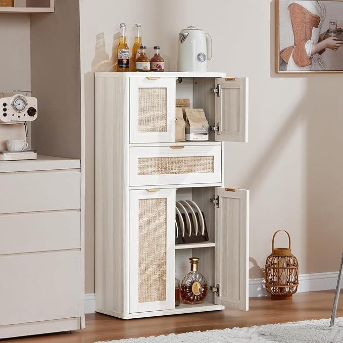LEYAOYAO 48" Tall Storage Cabinet,Rattan Bathroom Floor Cabinets with 2 Doors & 1Drawer,Boho Kitchen Pantry with Adjustable Shelves,Wooden Cupboard for Living Room,Home Office,Dining,White Cream Oak - NeatNest