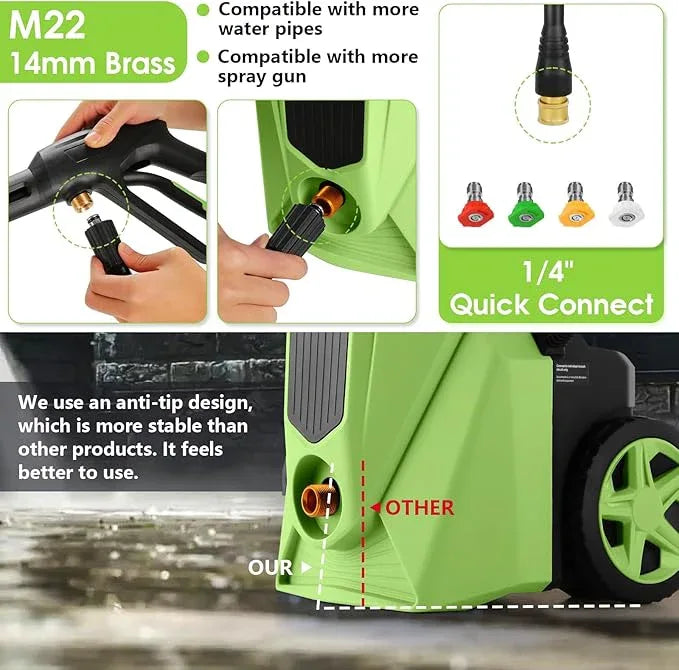 5000PSI Pressure Cleaner,Power Cleaner with Foam Cannon,4 Nozzles,33FT Hose and 500ml Soap Bottle for Home/Cars/Driveways/Patios/Fences,Green - NeatNest