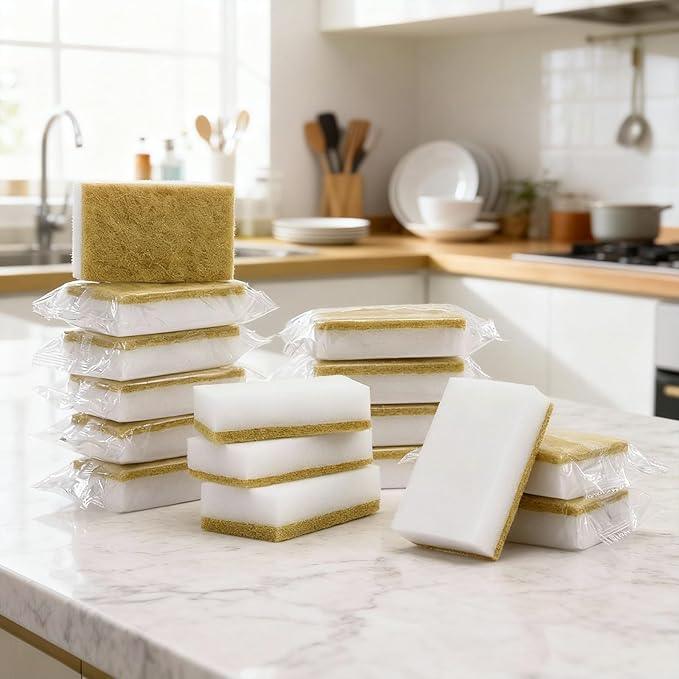 Tioncy 100 Pcs Individually Wrapped Sponges Kitchen Bulk Brown Dish Non Scratch Scrub Sponges Dual Sided Cleaning Dish Scrubber for Washing Dishes, Pots, Pans, Sinks, Stoves, Appliances, Car, Bike - NeatNest