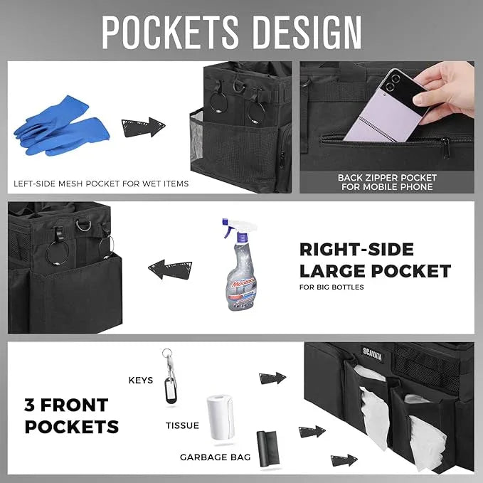 Wearable Cleaning Caddy Bag, Supplies Organizer with Handle & Shoulder Straps for Housekeepers, Under Sink & Car Cleaning Tool Organizer with 4 Foldable Dividers (Black) - NeatNest