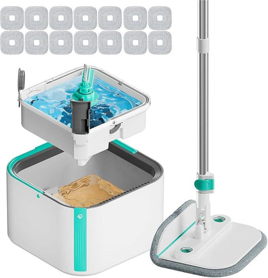 Upgraded Spin Mop and Bucket Self-Standing Mop Bucket Separate Dirty and Clean Water System Self Wringing 360° Rotating Clean Mop and Bucket Set with14Pads Mop-Blue - NeatNest