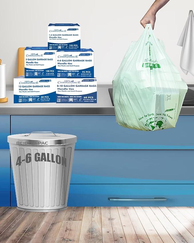 4-6 Gallon Compostable Trash Bags, 150 Count - Kitchen Trash Bags with Handle, Sturdy Biodegradable Garbage Bags for Food Scrap Waste, ASTM D6400, US BPI Certified - NeatNest