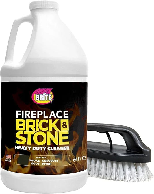 Quick 'n Brite Fireplace Brick and Stone Cleaner 64oz - Natural Stone, Tile, and Marble Cleaner with Scrub Brush - Indoor Fireplace and Wood Stove Cleaning Kit - Pellet Stove Creosote Remover - NeatNest