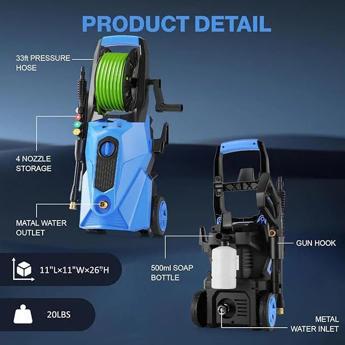 5000PSI Power Cleaner with 33FT Pressure Cleaner Hose, 4 Nozzles for Home/Car(Blue) - NeatNest