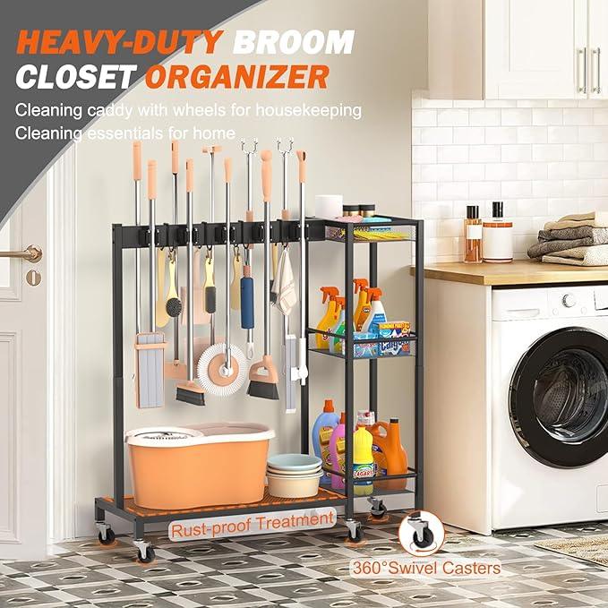 Broom Holder with Cleaning Supplies Organizer, Broom Closet Storage Cabinet with Cleaning Caddy, Cleaning Cart with Mop Hanger Gripper Rack Hooks,Janitorial Housekeeping cart,Laundry Room Organization - NeatNest