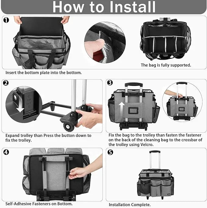 Extra large Rolling Cleaning caddy bag with Detachable, Foldable Trolley Portable Cleaning Cart for Housekeeping Cleaning caddy with Adjustable Shoulder Strap and Multiple Storage Pockets - NeatNest