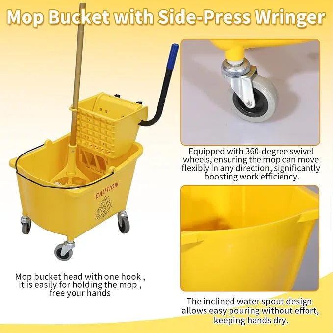 Commercial Mop Bucket with Side-Press Wringer for Floor Cleaning, 35 Quarts, Yellow, Including One Commercial Mop - NeatNest