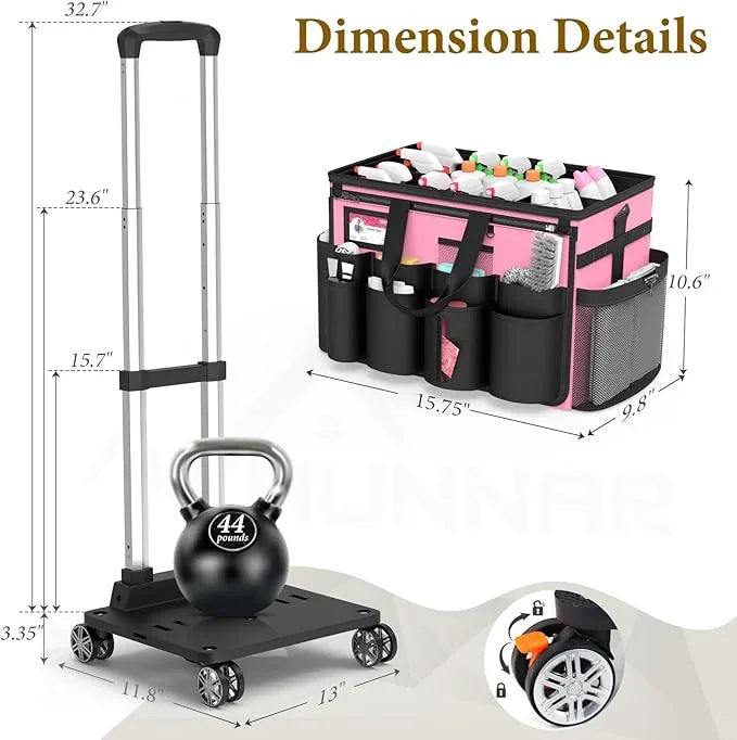 Cleaning Caddy with Wheels - Rolling Cleaning Caddy Bag with Detachable Trolley, Cleaning Caddy for Cleaning Supplies, Cleaning Bag for Housekeeping, Pink - NeatNest