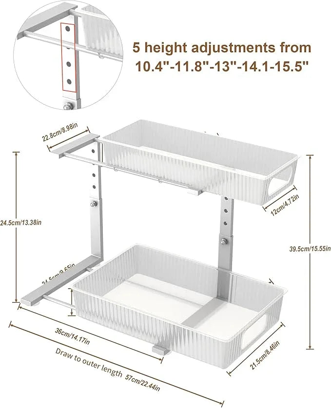 UMDONX Under Sink Organizer 2-Pack Adjustable Bathroom Under Sink Pull-Out Organizer with 5 Adjustable Heights for Kitchen, Bathroom & Laundry Storage - NeatNest