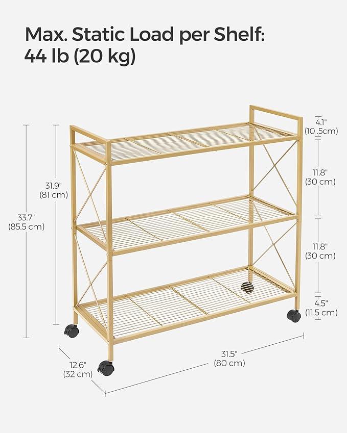 SONGMICS 3-Tier Metal Storage Rack with Wheels, Mesh Shelving Unit with X Side Frames, 31.5-Inch Width, for Entryway, Kitchen, Living Room, Bathroom, Industrial Style, Metallic Gold UBSC183A01 - NeatNest
