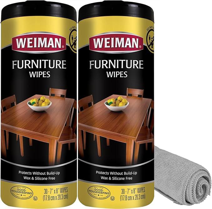 Weiman Wood Polish and Cleaning Wipes, For Furniture Cleaner, Protect from Watermarks, Stains & Aging, No Build-Up, UVX-15 Prevent Drying, Fading & Discoloration, 2 Pack with Microfiber Cloth - NeatNest