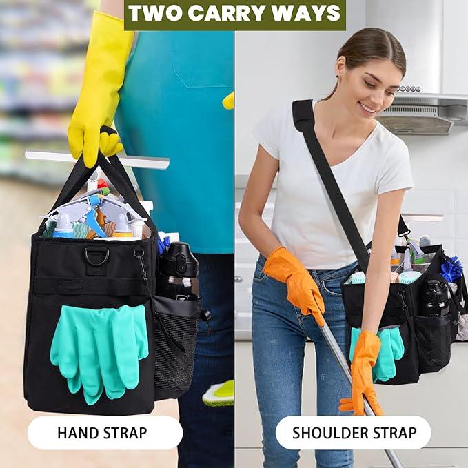 Large Wearable Cleaning Caddy Bag with Detachable Divider, Cleaning Organizer with Handles, Cleaning Supply Tote with Adjustable Shoulder Strap&Waist Belt for Cleaners & Housekeeper (Black) - NeatNest