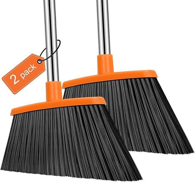 NACENA Heavy Duty Broom, 55 Inch Long Handle Outdoor Large Angle Brooms, Commercial Broom for Sweeping Indoor, for Home Garage Kitchen Office Courtyard Lobby Patio Lawn Concrete, 2 Pack (Grey&Orange) - NeatNest