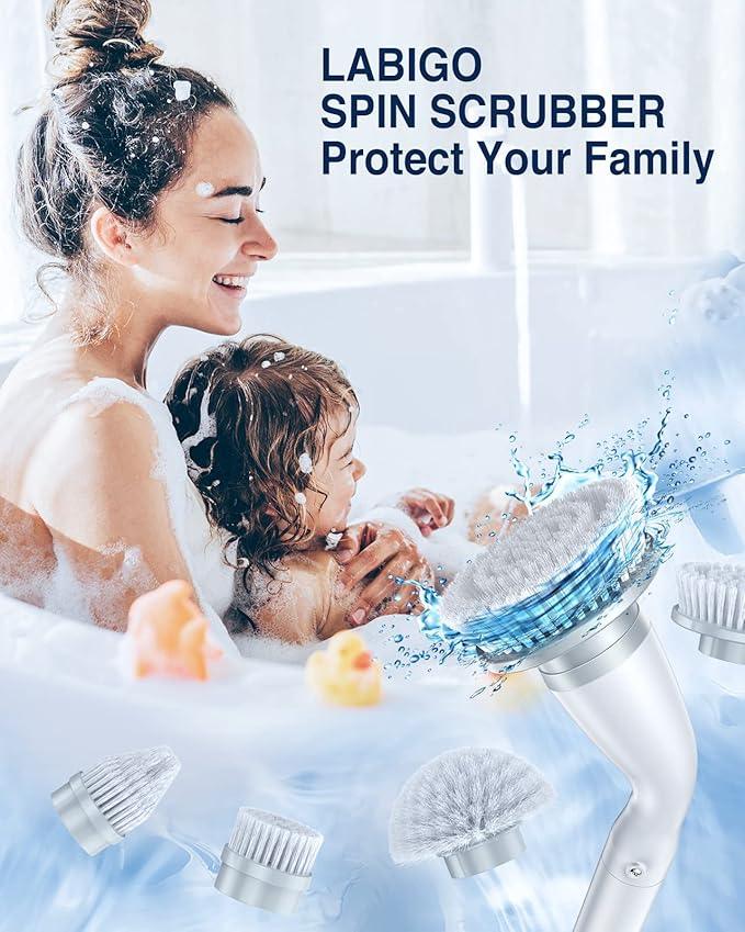 LABIGO Electric Spin Scrubber, Cordless Cleaning Brush Scrubber with 7 Replaceable Brush Heads and Adjustable Extension Handle, IPX7 Waterproof Power Cleaning Brush for Bathroom Tub Floor Tile Shower - NeatNest