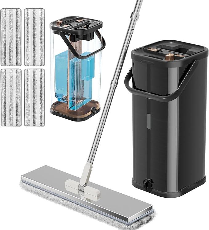 Separates Dirty Water Mop, Flat Mop and Bucket for Home with 4 Extra Refills, Stainless Steel Mop and Bucket with Wringer (Black) - NeatNest