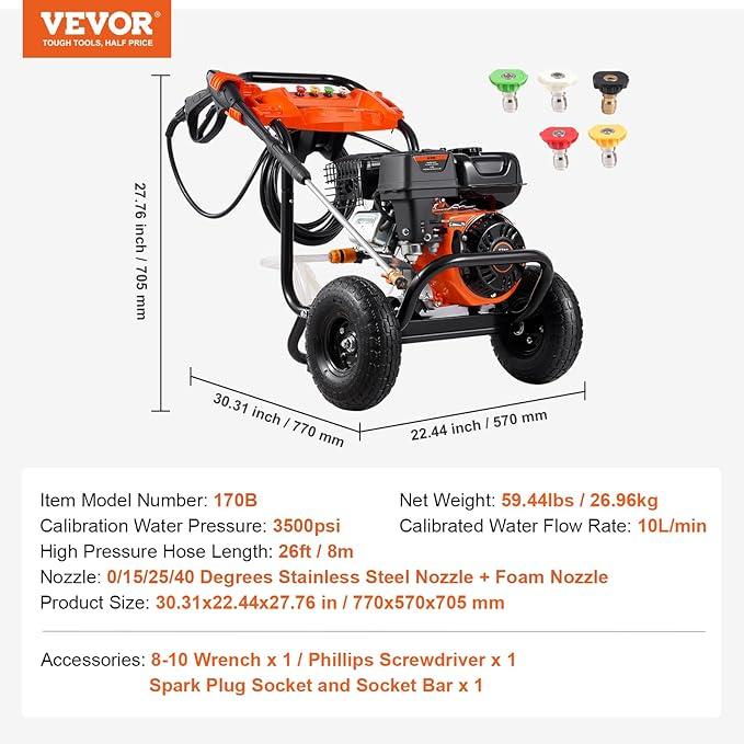 VEVOR Gas Pressure Washer, 3500 PSI 2.6 GPM, Gas Powered Pressure Washer with Aluminum Pump, Spray Gun and Extension Wand, 5 Nozzle Set, for Cars, Fences, Homes, Driveways, Patios Furniture Horizontal - NeatNest
