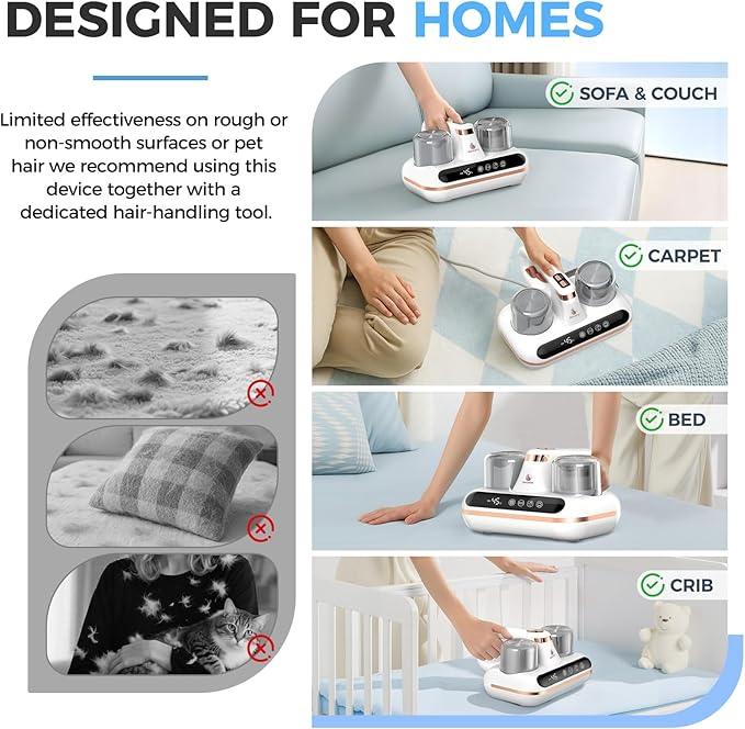 Mattress Vacuum Cleaner - 5-in-1 Cordless Bed Vacuum Cleaner, Powered by UV-C Light & Ultrasonic Technology, 16Kpa Strong Suction,Low Noise,Suitable for Dust, Pet Hair, Etc. - NeatNest