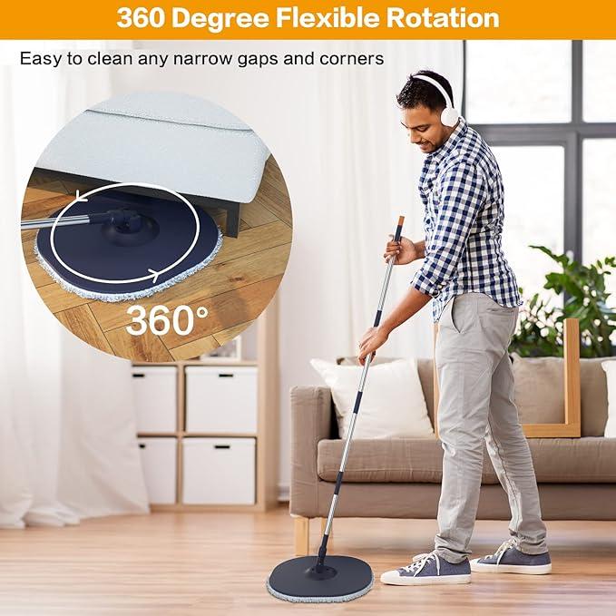 Flat Floor Mop and Bucket System Set with Wringer, Spin Mop and Bucket Separate Clean and Dirty Water with Self Separation for Hardwood, Laminate, Tile, Floor Cleaning, Wet and Dry Use, Navy Blue - NeatNest
