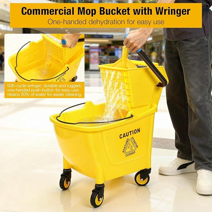 35 Qt Commercial Mop Bucket with Side Press Wringer on Wheels,Heavy Duty Industrial Mop and Bucket Set for Floor Cleaning,Including 1 Wet Floor Caution Sign for Household,Business,Yellow - NeatNest