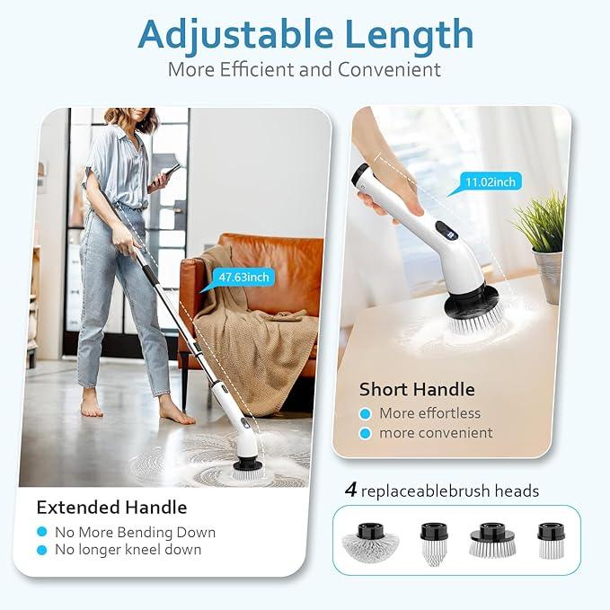 TUYU Electric Spin Scrubber, Full-Body IPX7 Waterproof Bathroom Scrubber with Power LCD Display, 8 Replacement Head, Adjustable Extension Handle, Cordless Shower Cleaner Brush for Bathtub Cleaning - NeatNest