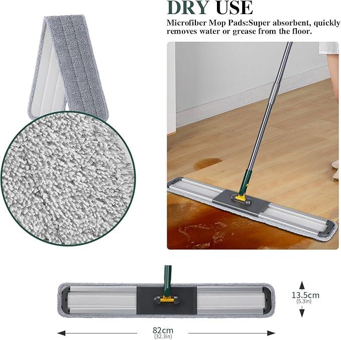 36" Commercial Mop, Masthome Heavy Duty Industrial Mop for Floor Cleaning,Commercial Dust Mop with 3 Reusable Pads,60”Long Handle Wet Dry Flat Mops for Hardwood Floors, Marble, Laminate, Tile(Green) - NeatNest