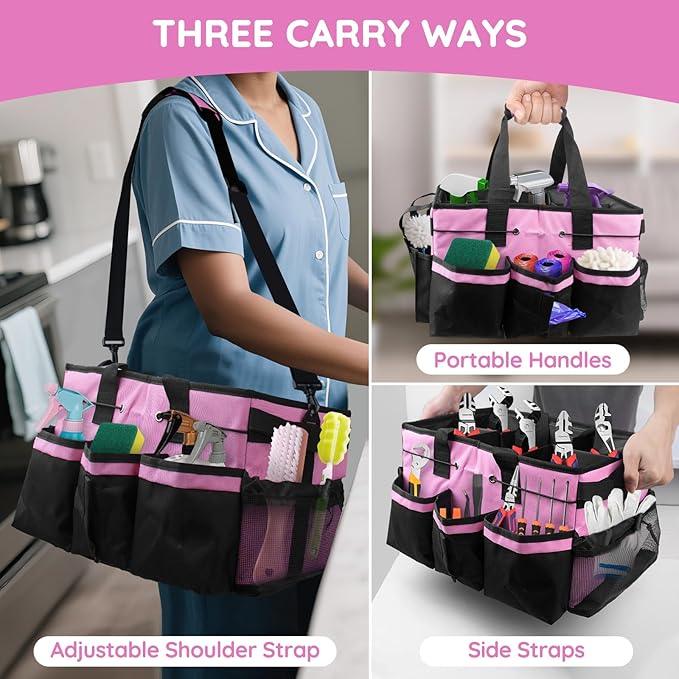 ZKOO Large Cleaning Caddy Bag with Handle, Built-in Sturdy Support Board, Adjustable Shoulder Strap, Multi-compartment Design Cleaning Supply Tote for Cleaners & Housekeepers (Pink) - NeatNest